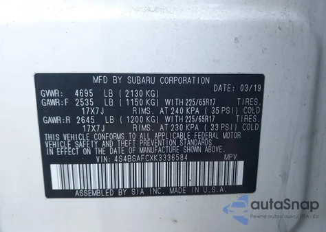 2019 Subaru Outback 2.5I Premium из США, поврежденный, VIN 4S4BSAFCXK3336584